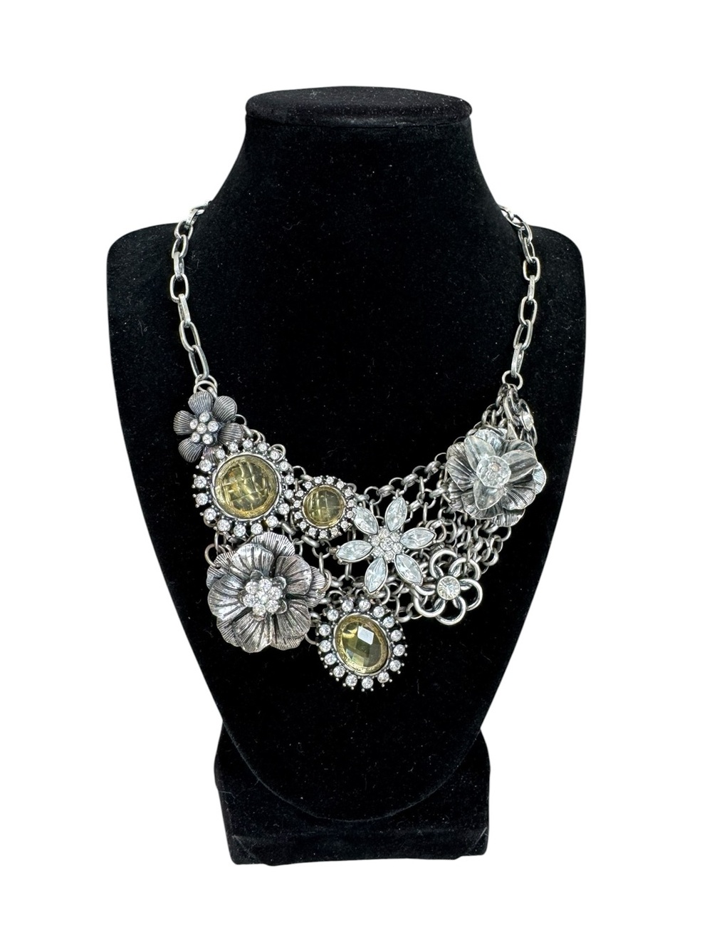 VTG Silver Tone Multi Stone Floral & Amber Gem Accents Statement Necklace - Picture 7 of 7